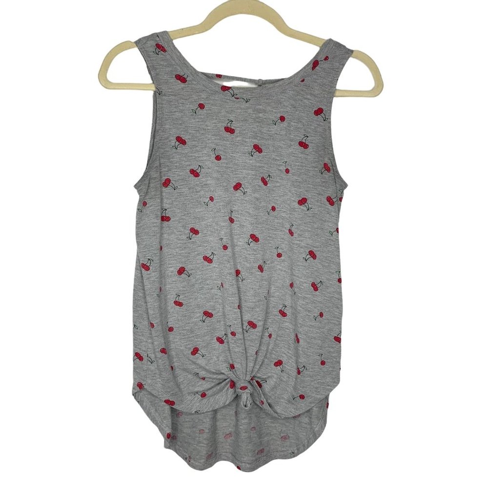 AWAKE Grey Cherry Print Knotted Tank With T-Back‎ V Neck Sz S